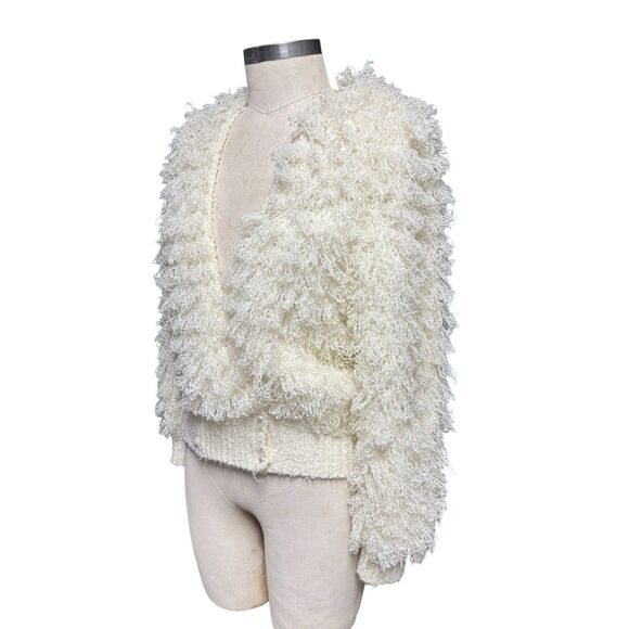 Vintage Womens Hand Crochet Cardigan Sweater M Boho Cream Fuzzy Knit Cottagecore - Picture 6 of 15